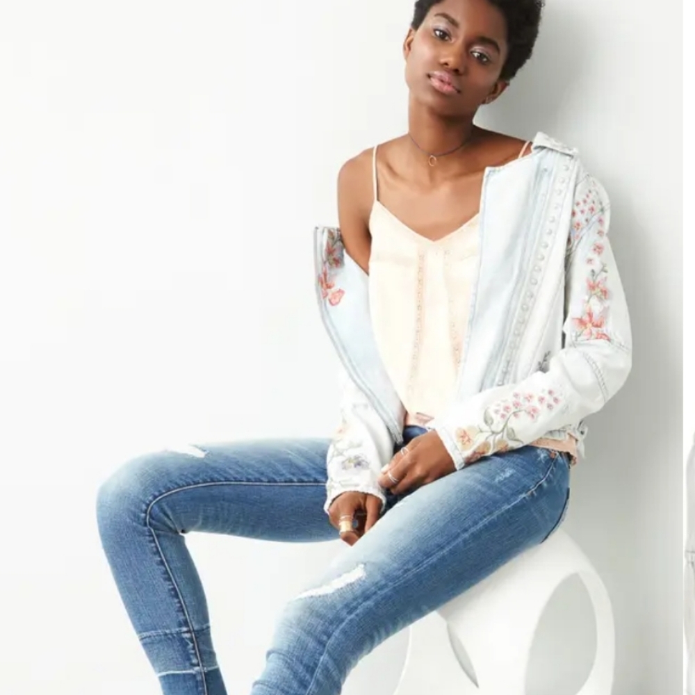 BlankNYC Embroidered Floral Moto Denim Full Zip Jacket